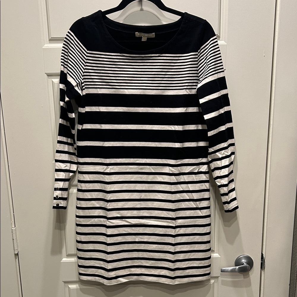 Banana Republic Black and White Striped 3/4 Long Sleeve Dress